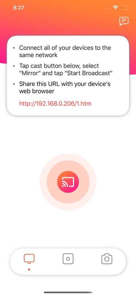 Screen Mirroring Smart Tv Cast - Interface showing instructions to connect devices and a web browser URL for screen mirroring
