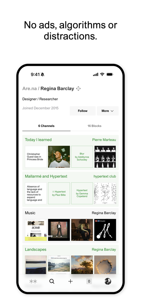 Are.na - Are.na app user profile showing organized channels of research and inspiration in a minimalist interface