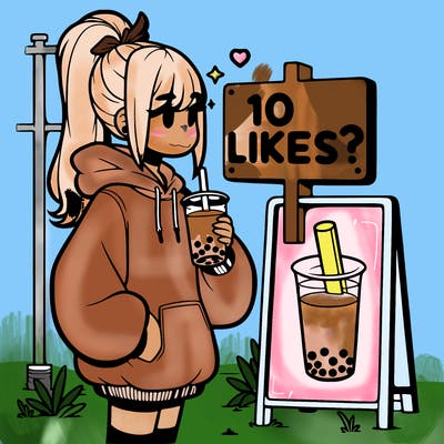 girl with oversized hoodie drinking boba and she has a high ponytail with a sign that says 10likes?