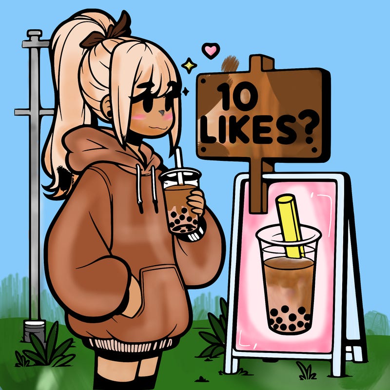 girl with oversized hoodie drinking boba and she has a high ponytail with a sign that says 10likes?