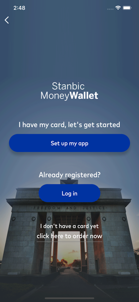 MoneyWallet - Stanbic MoneyWallet mobile app splash screen showing buttons to set up or log in with the Independence Arch background