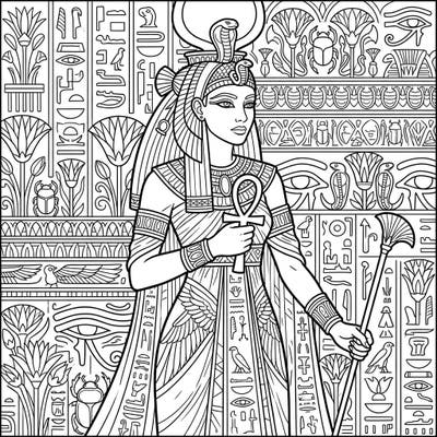 Step back in time and bring this magnificent Ancient Egyptian queen to life with your colors. This highly detailed design features iconic symbols and a powerful regal figure, perfect for an engaging coloring session.