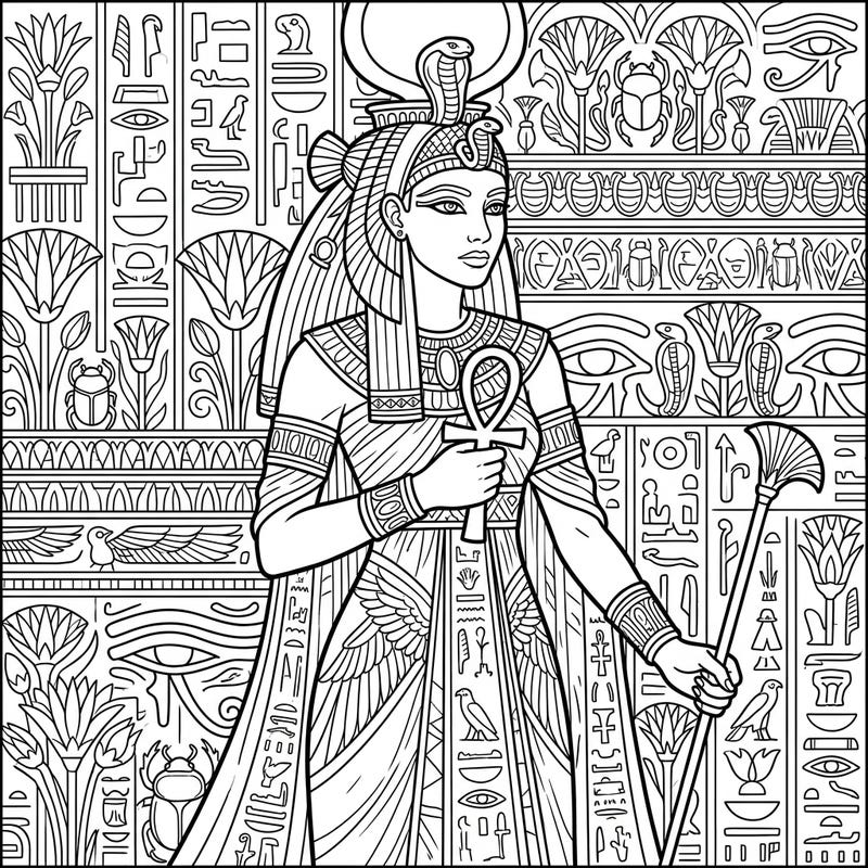 Step back in time and bring this magnificent Ancient Egyptian queen to life with your colors. This highly detailed design features iconic symbols and a powerful regal figure, perfect for an engaging coloring session.