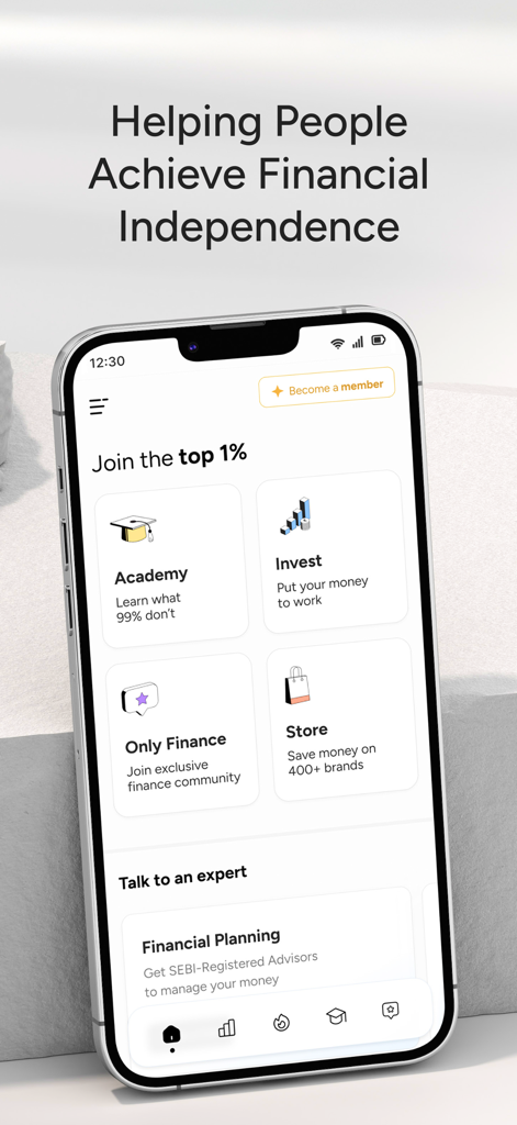 1% Club - The 1 Percent Club mobile app dashboard for financial independence and wealth management