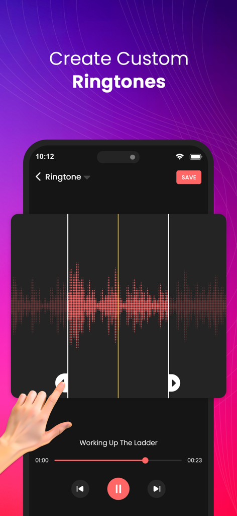 Ringtone Maker-create ringtone - Smartphone screen showing an audio waveform being trimmed to create a custom ringtone