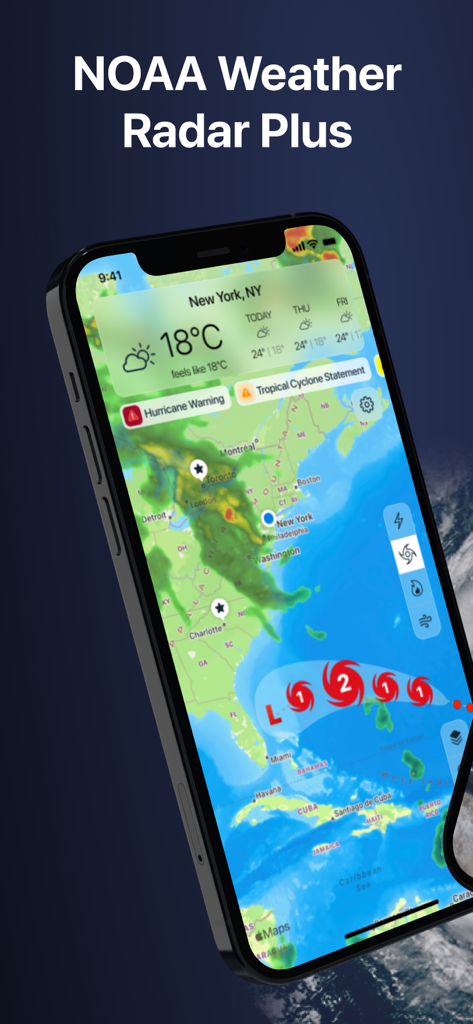 Windy Weather Radar, Forecast - Captura de pantalla de la aplicación móvil que muestra un mapa de radar meteorológico con seguimiento de huracanes y advertencias de tormentas