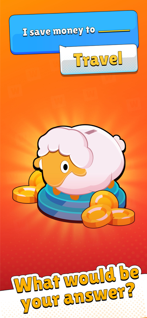 Popular Words: Family Game - Screenshot del gioco Parole Popolari che mostra una domanda a completamento di frase sul risparmio di denaro con un'illustrazione di un salvadanaio a forma di pecora.