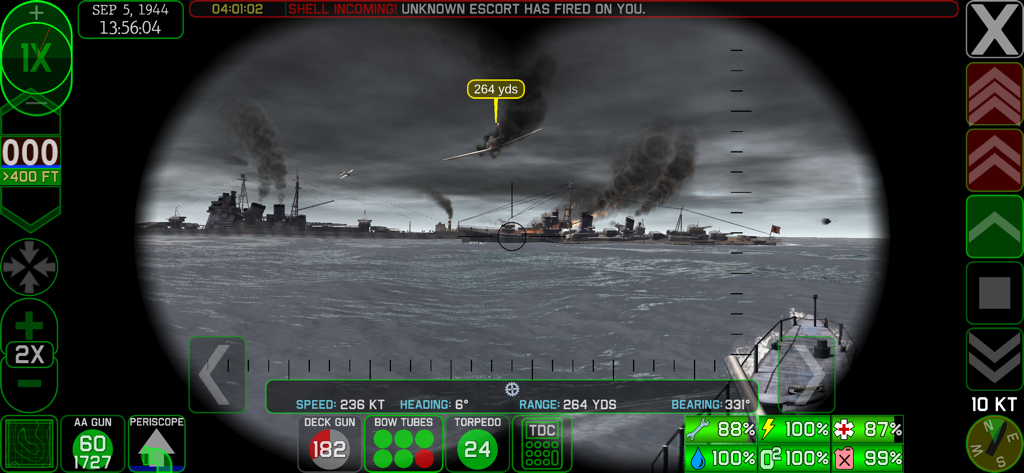 Vista de periscopio de submarino de la Segunda Guerra Mundial que muestra combate naval y barcos en llamas en Crash Dive 2