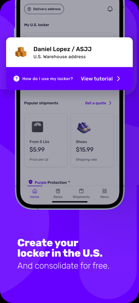 Shappi - Mobile app screen showing a US locker address and shipping rates for popular items like shoes.