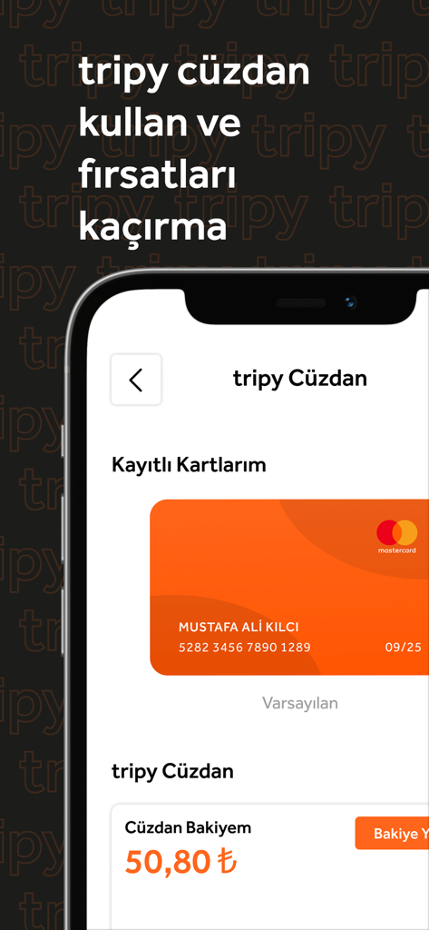 Interfaz de la billetera digital de la aplicación Tripy con una Mastercard registrada y saldo de cuenta