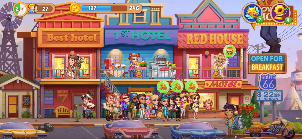 Hotel Craze® Design Makeover - Hotel Crazeのルート66沿いのさまざまなホテルとゲストを示すカラフルなゲームプレイ画面