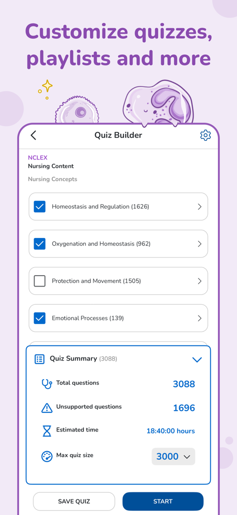 Osmosis Nursing app Quiz Builder interface showing topic selection and summary details for NCLEX practice