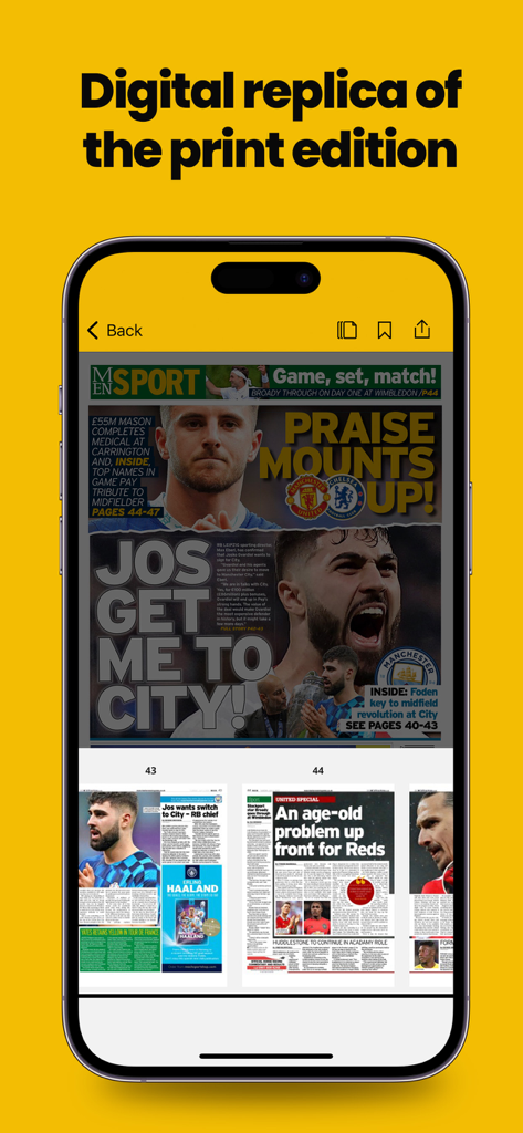 Réplica digital de la edición impresa del Manchester Evening News en una pantalla móvil con titulares deportivos