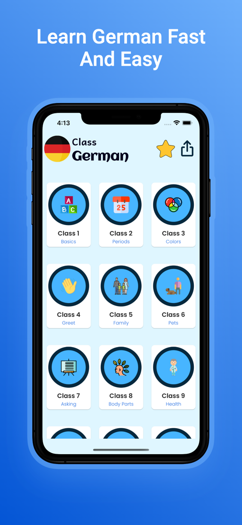 German language learning app interface showing category icons for basics colors and family lessons