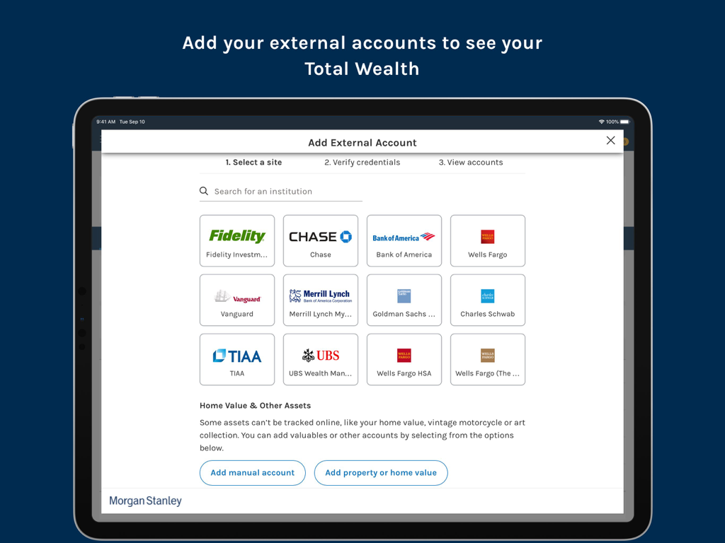 Morgan Stanley Wealth – Tablet - A tablet screen from the Morgan Stanley Wealth app showing a grid of financial institution logos to add external accounts for a holistic view of total wealth.