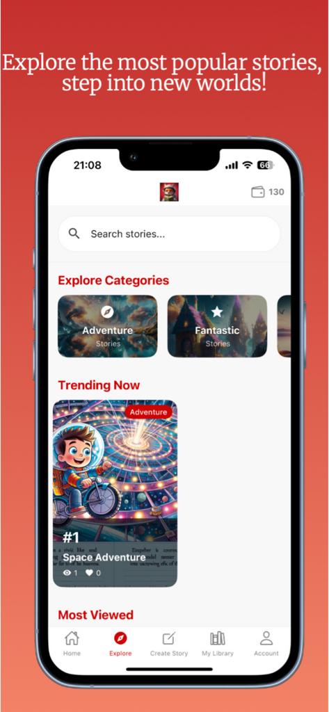 Storyland AI app explore screen with story categories and trending adventures for kids