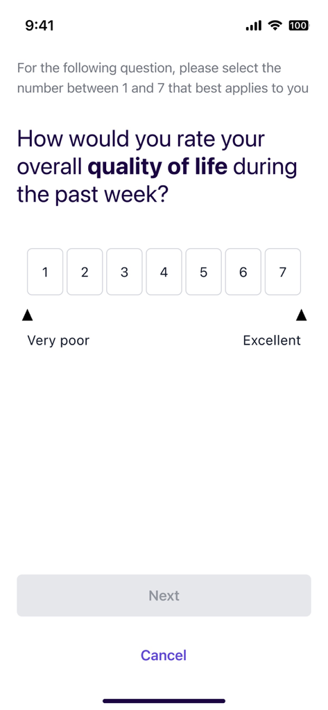 Medable - Medable app electronic patient reported outcome screen asking to rate quality of life on a scale of one to seven