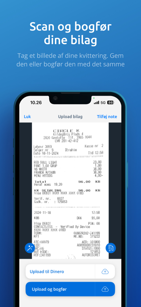 Dinero Regnskabsprogram - Scanning a receipt for business bookkeeping in the Dinero mobile app