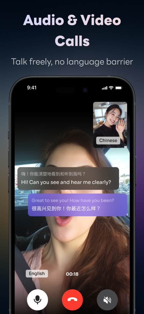 Hyper - AI Assistant - Interfaz de videollamada en un smartphone que muestra traducción en tiempo real entre hablantes de inglés y chino