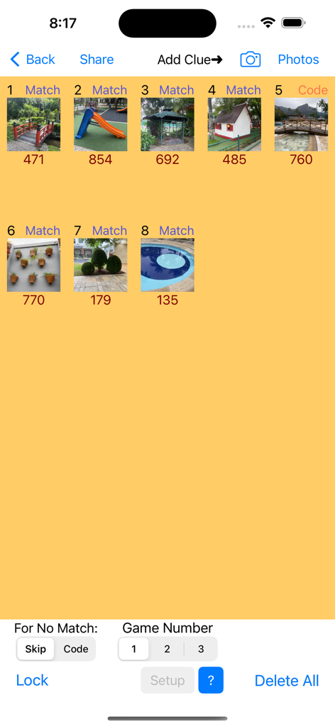 Treasure Hunt By Photos - A dashboard for setting up treasure hunt clues with photo thumbnails and matching codes