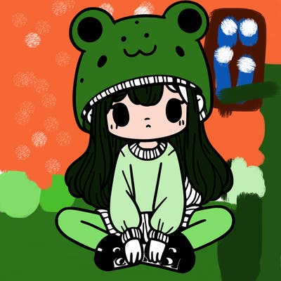 a girl wearing a frog hat and some frog socks