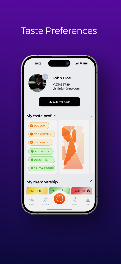 VINFINITY - Pantalla de preferencias de sabor de la aplicación VINFINITY que muestra etiquetas de perfil de vino personalizadas.