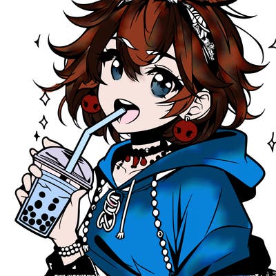hot baddie anime girl drinking boba and biting the straw