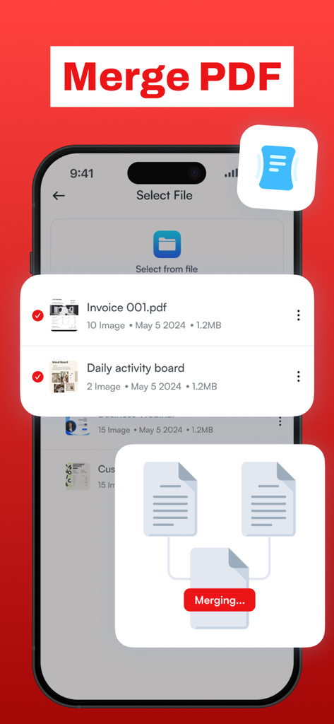PDF Maker - PDF Converter . - Una interfaz móvil para fusionar múltiples archivos PDF en un solo documento, que muestra facturas seleccionadas y un indicador de progreso de fusión