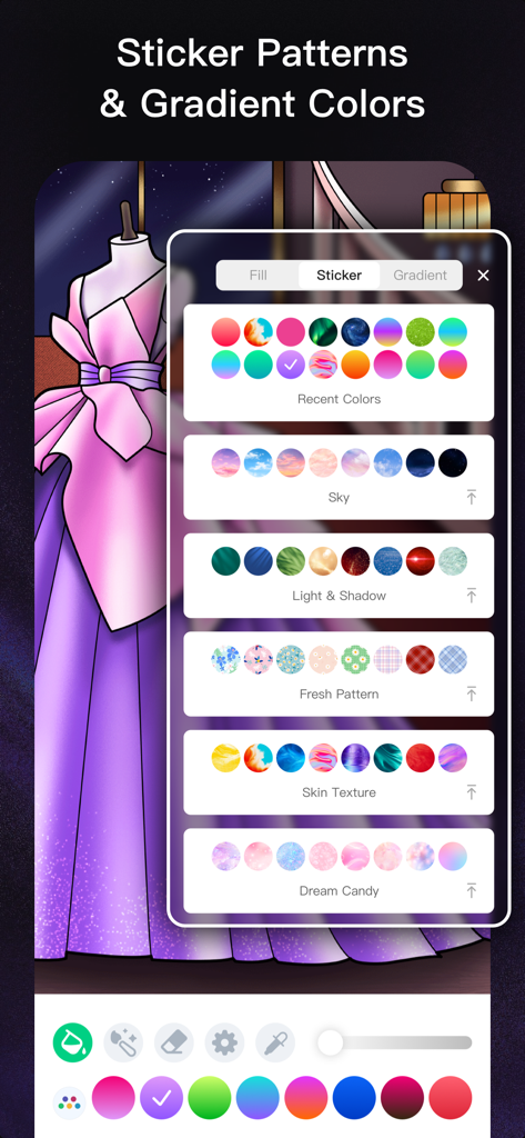 Coloring Book - ColorGuru - Interface de l'application de coloriage numérique ColorGuru avec des motifs d'autocollants et des options de couleurs dégradées