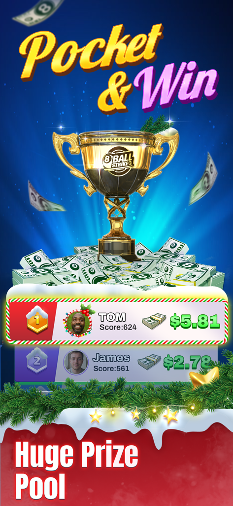 8 Ball Strike: Win Real Cash - Pantalla del juego 8 Ball Strike con un trofeo de oro sobre montones de efectivo y una tabla de clasificación que muestra ganancias de dinero real