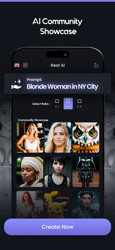 Ai Image Generator - Real AI - Tela de showcase da comunidade do gerador Real AI mostrando uma grade de imagens geradas por IA e um prompt para uma mulher loira em Nova York