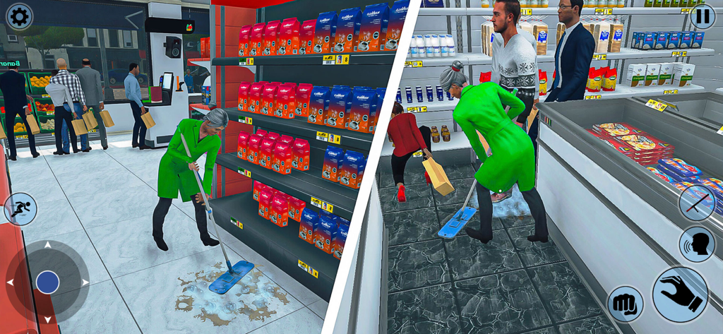 Fun Supermarket Simulator Game - Personaje fregando el suelo en una simulación de supermercado en 3D