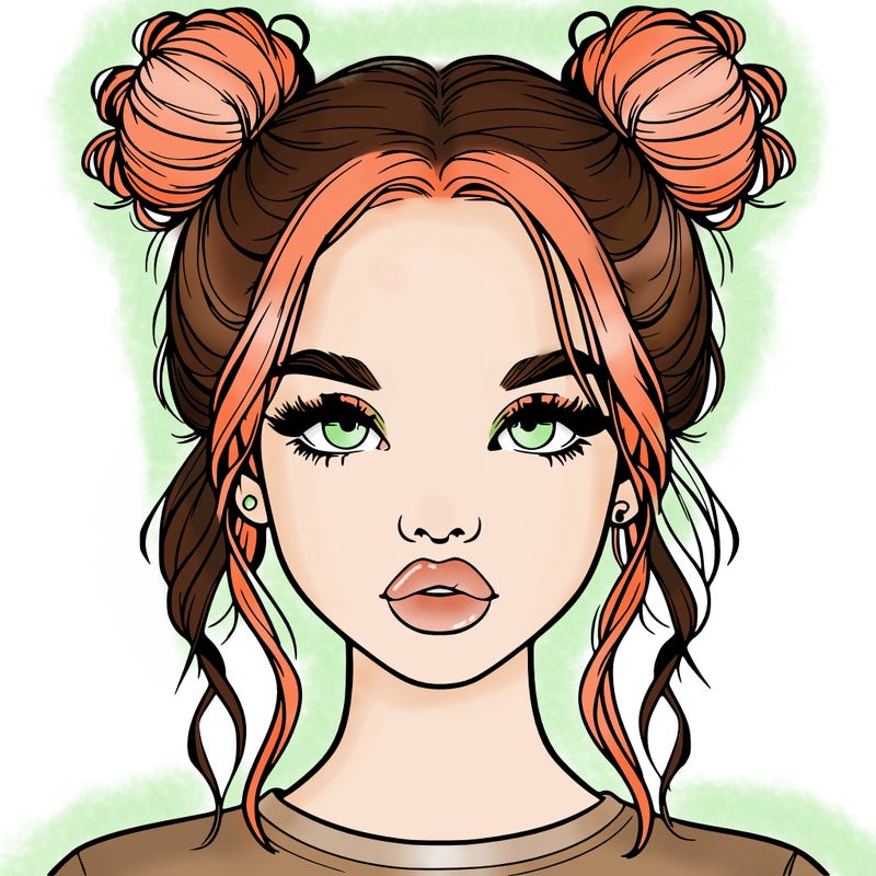 realistic girl with two buns in hair and lips