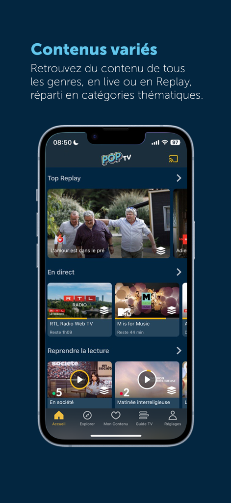 Interface móvel da aplicação POP TV Go exibindo categorias de TV ao vivo e conteúdo de replay.