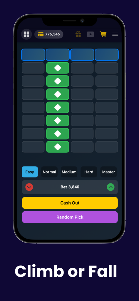 A smartphone screen displaying the Climb or Fall mini game within the Crash or Cash Lucky Casino app.