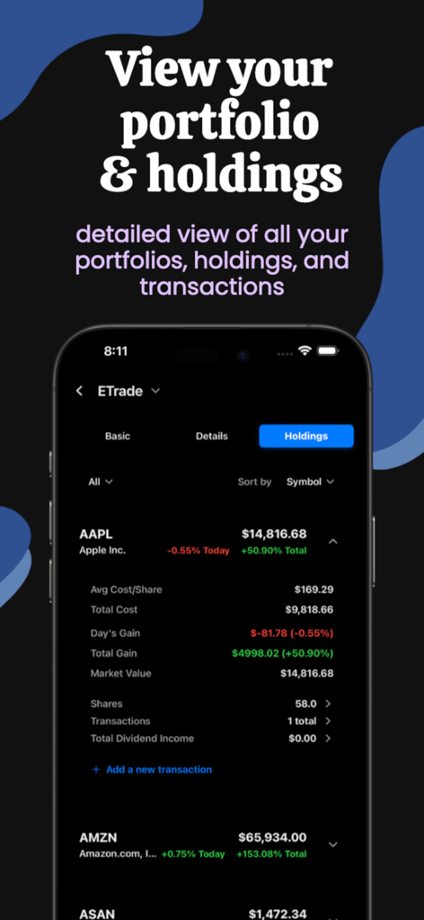 Stock Market - AI Insights - A mobile app screen displaying a stock portfolio with detailed holdings including Apple and Amazon stocks and financial performance metrics