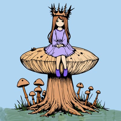 realistic girl sitting on a huge tree stump size toadstool with thorn crown