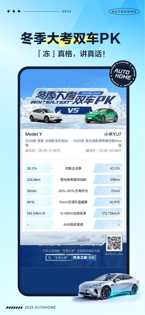 A detailed winter performance comparison between Tesla Model Y and Xiaomi SU7 on the Autohome mobile app.