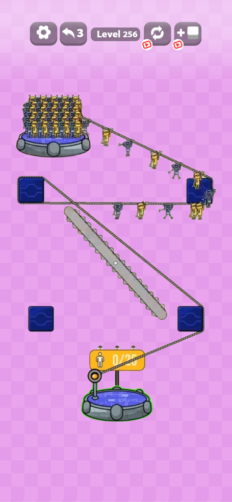 Escape Island: Fun Color Sort - Gameplay of Escape Island showing 3D characters sliding down zip lines in a color sorting puzzle level