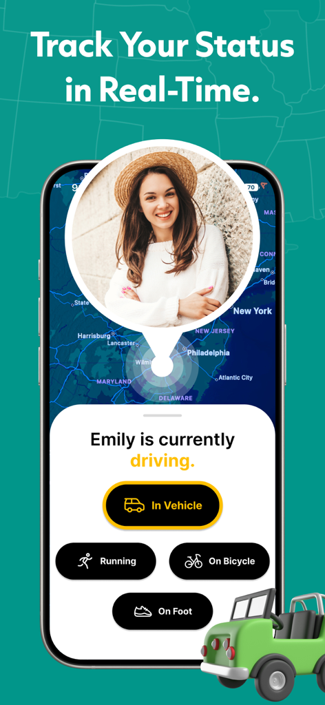 GPS - Phone Location Tracker - Eine mobile Benutzeroberfläche für GeoTrack360, die den Echtzeit-Aktivitätsstatus eines Benutzers wie Fahren, Laufen oder Radfahren auf einer Karte anzeigt.