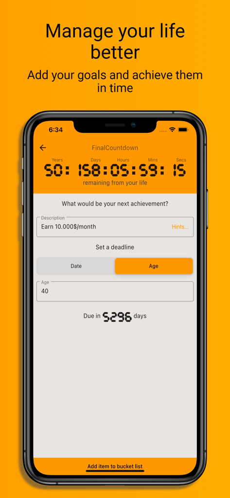 FinalCountdown Bucket List App - FinalCountdown app screen for setting a bucket list goal with a life timer