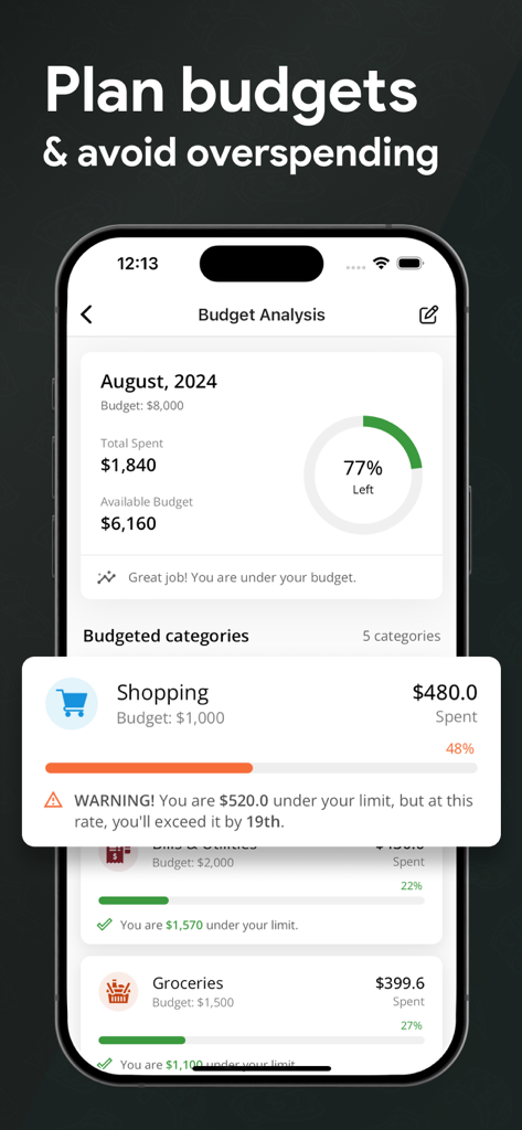 Expense Manager & Budgeting - 経費マネージャーアプリの月次予算分析画面。支出の進捗状況と、ショッピングなどのカテゴリの予算超過アラートを表示