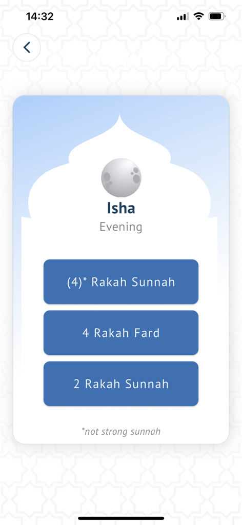 NamazStart - Isha evening prayer screen in the NamazStart app showing different Rakah options for Sunnah and Fard