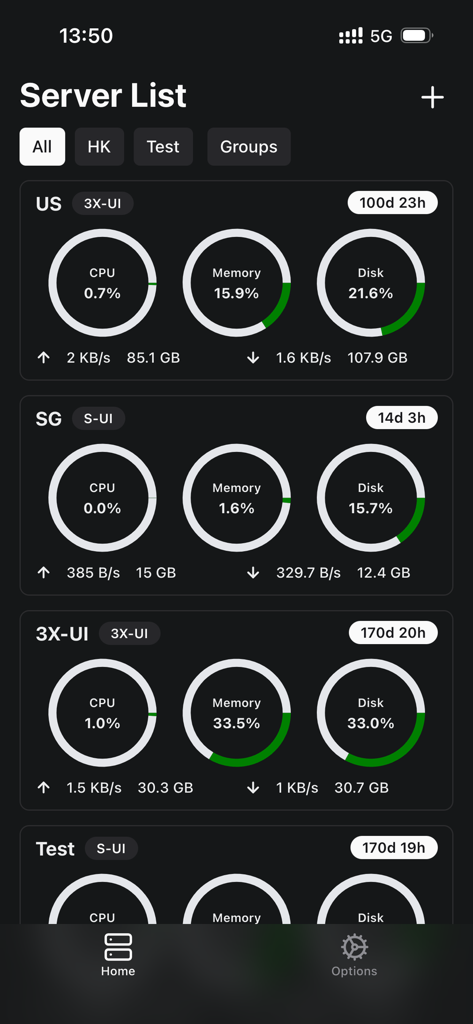 RayBoxUI - RayBoxUI server list showing real time performance metrics for remote servers