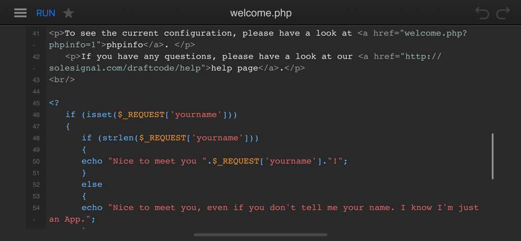 DraftCode PHP IDE interface showing a welcome.php file with PHP code and syntax highlighting