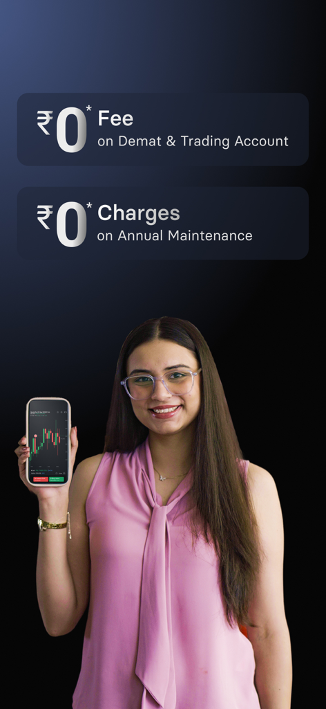Flash Trading App by INDstocks - Una mujer sosteniendo un teléfono inteligente que muestra gráficos de trading junto a un texto que promociona cuentas de trading y Demat sin comisiones en la aplicación Flash Trading