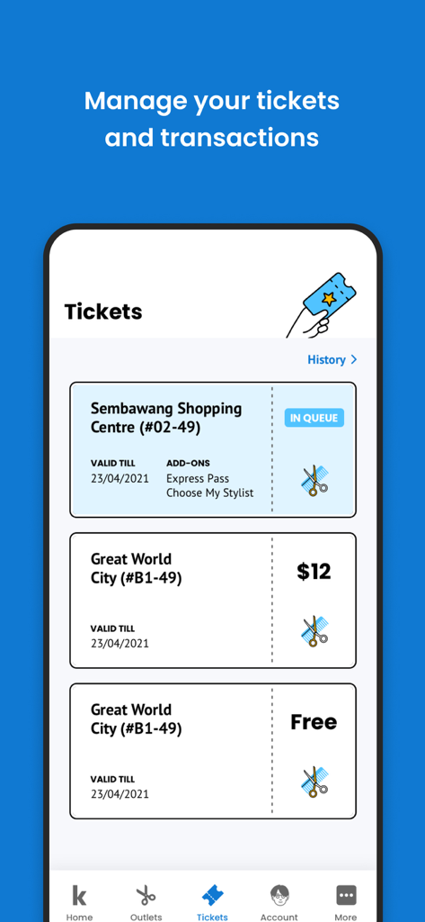 kcuts Go - kcuts Go app screen showing digital haircut tickets and queue status.
