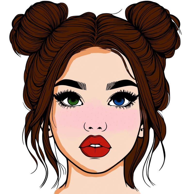 realistic girl with two buns on her hair and lips