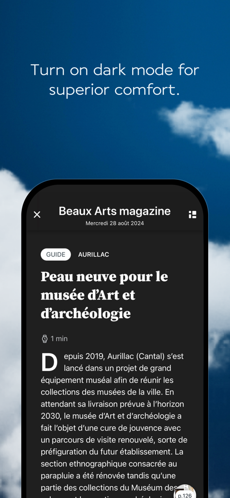 Air France Press - Air France Press mobile app interface showing a magazine article in dark mode for a comfortable reading experience.