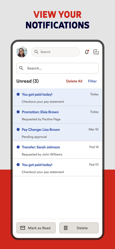 Screenshot of the ADP Mobile Solutions app showing the notifications list with pay and status updates.